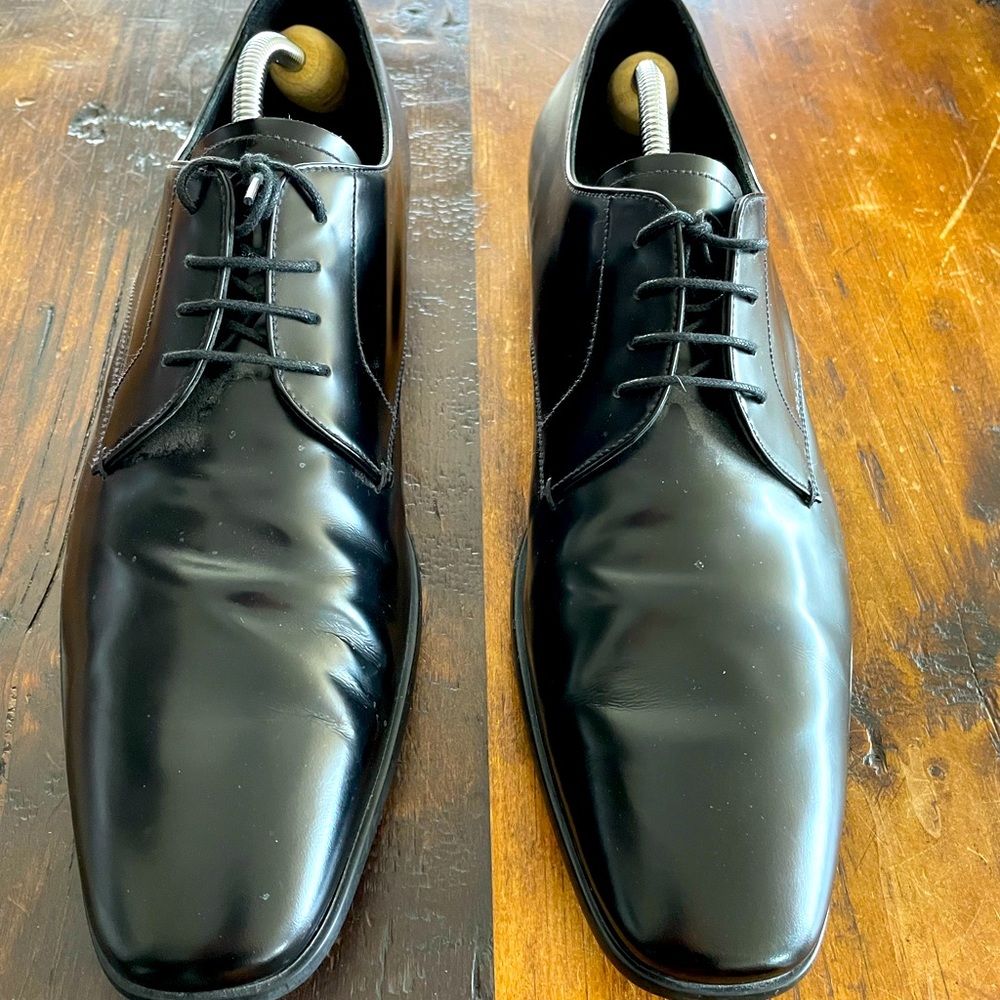 Prada Size 13 Black Patent Leather Laced Loafers practically Brand New.
